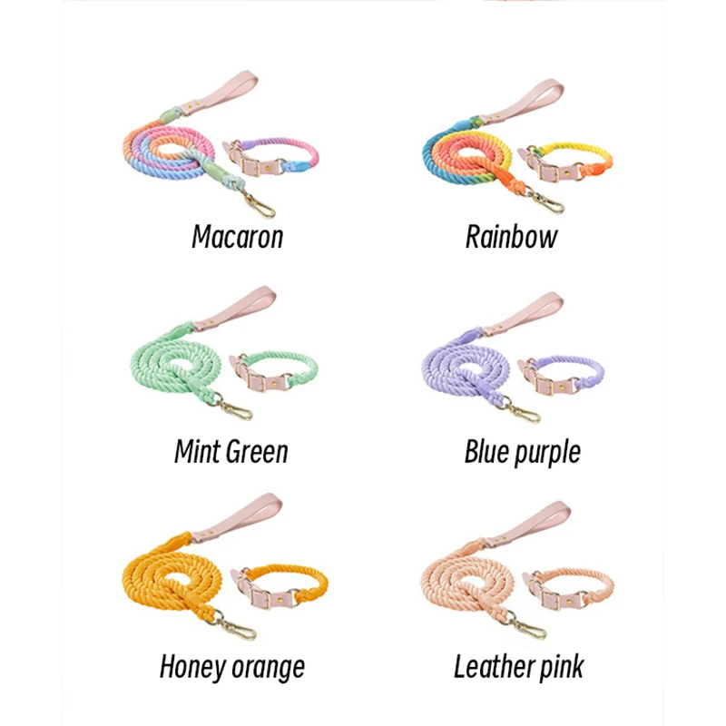Colorful Dog Cat Collar Handmade Braided Cotton Leather Traction Rope Necklace Set For Pet Accessories New Year Gift Selection