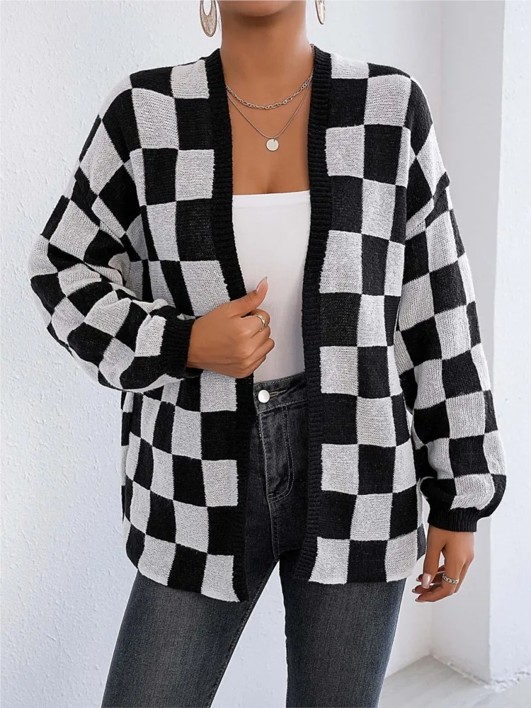 Vrouwen Mode Nieuwe Breien Vest Losse Trui Jas 2025, Herfst Winter Casual V-hals Plaid Print Patchwork Trui Bovenkleding