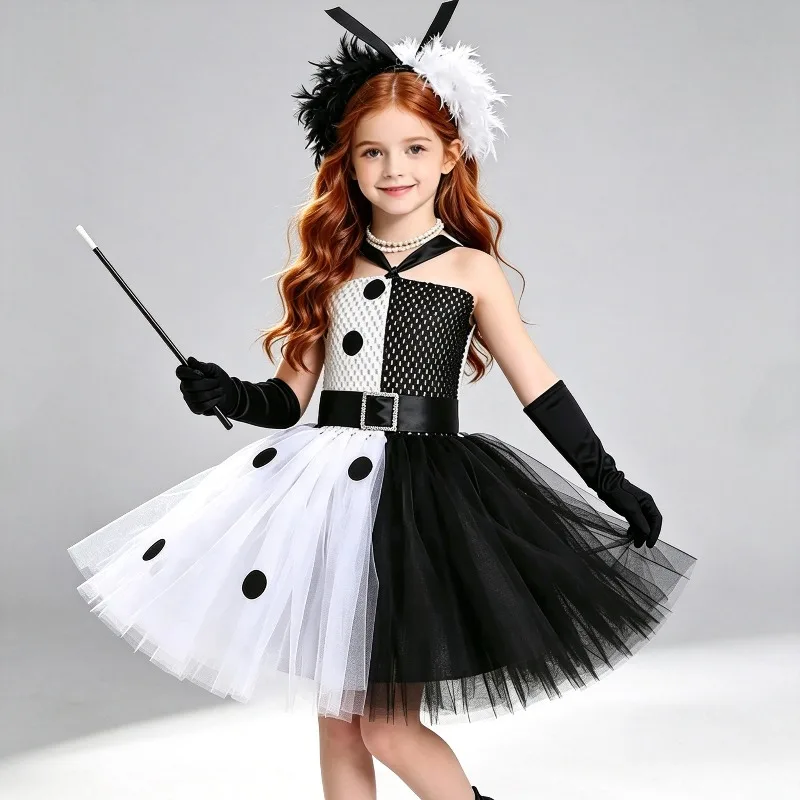 Dalmatians Dog Costumes for Girls Black White Cruella Halloween Fancy Dress Kids Spotted Dog Outfit Children Carnival Tutus Set