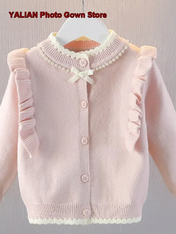 Girls Knit Cardigan Baby Spring Autumn Princess Pattern Round Neck Knit Top Solid Color Thin Breathable Kids