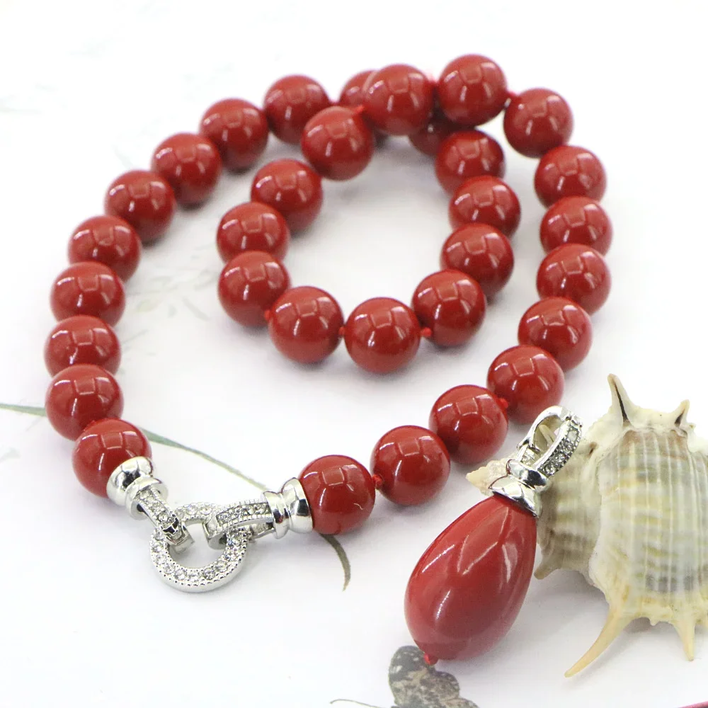 Natural Ocean Shell Red Coral Necklace Women In Pendant Necklaces Detachable 12mm Bead String 45cm Handmade Party Jewelry Gift