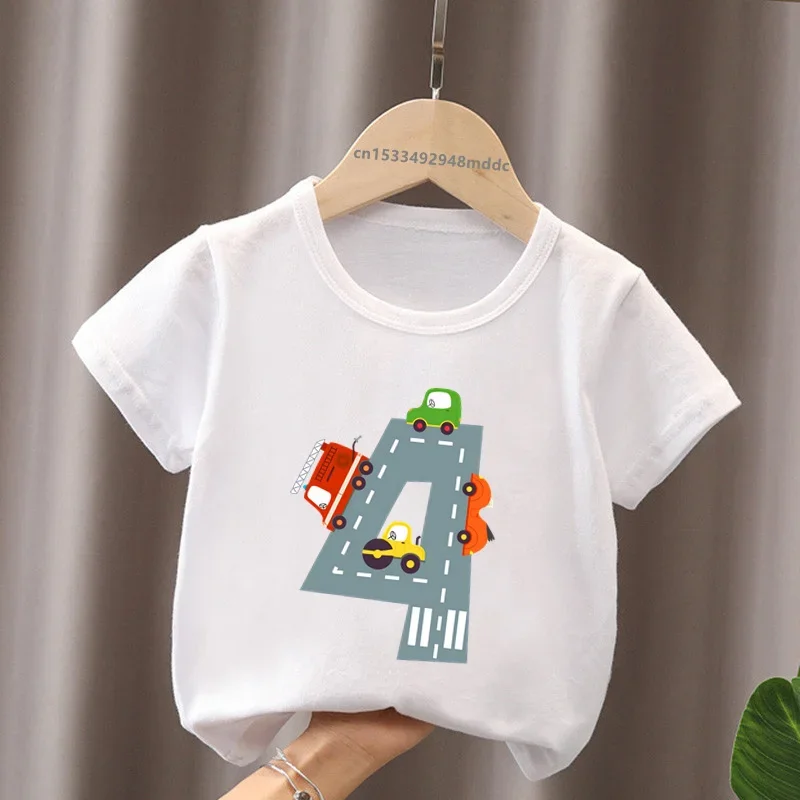 Different Car Print Birthday Number Bow Kids T shirt 1 2 3 4 5 6 7 8 9 Years Girls Clothes Funny Baby Boys Short Sleeve T-Shirts