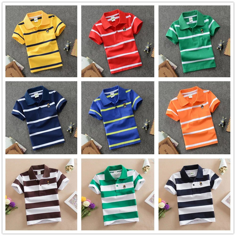 Summer Children's Multi-color Striped POLO Shirt Girl Joker Short Sleeve Boy Casual Gentleman Button T-shirt For 2-14Years