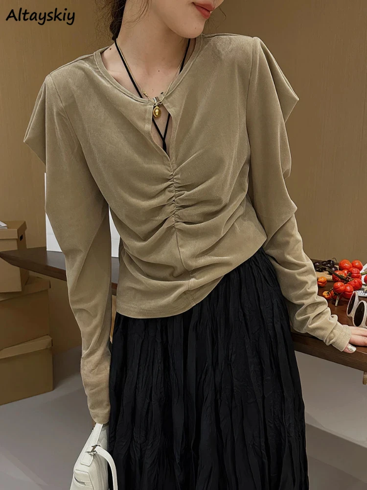 

Chic Hole Velour Folds Shirts Women Fashion Solid Simple Leisure Elegant Popular All-match Soft Tops Ladies Young Pleated Ins BF