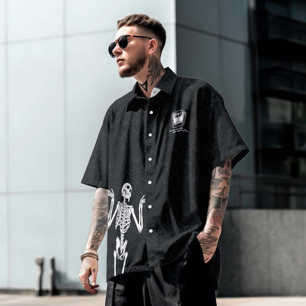 Street style Skull creative summer thin lapel T-shirt men's short-sleeved shirt loose plus size clothes