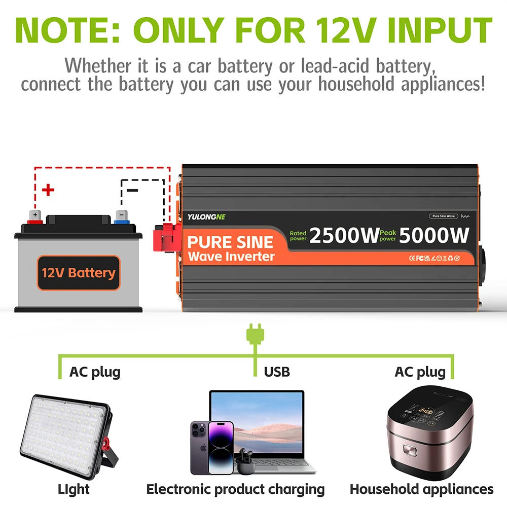 YULONGNE 2500W (5000W Peak) Pure Sine Wave Inverter 12V/24V to 230V EU Socket with LCD Display for Caravan Truck Solar Inverter - view 6