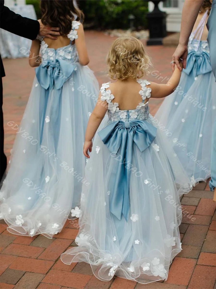 

Customized Flower Girl Dress 3D Lace Applique Bridesmaid First Communion Dress Kids Princess Pageant Wedding Party Gown with Bow