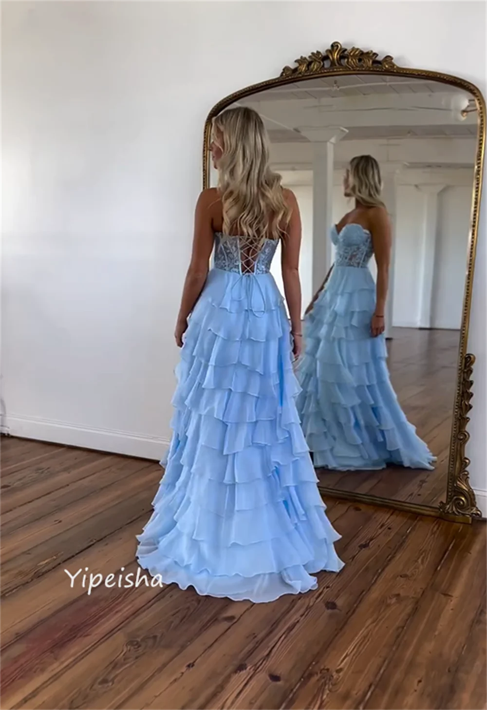 Sexy Exquisite Strapless Ball Gown Tiered Appliques Beading Chiffon Bespoke Occasion Dresses Evening 