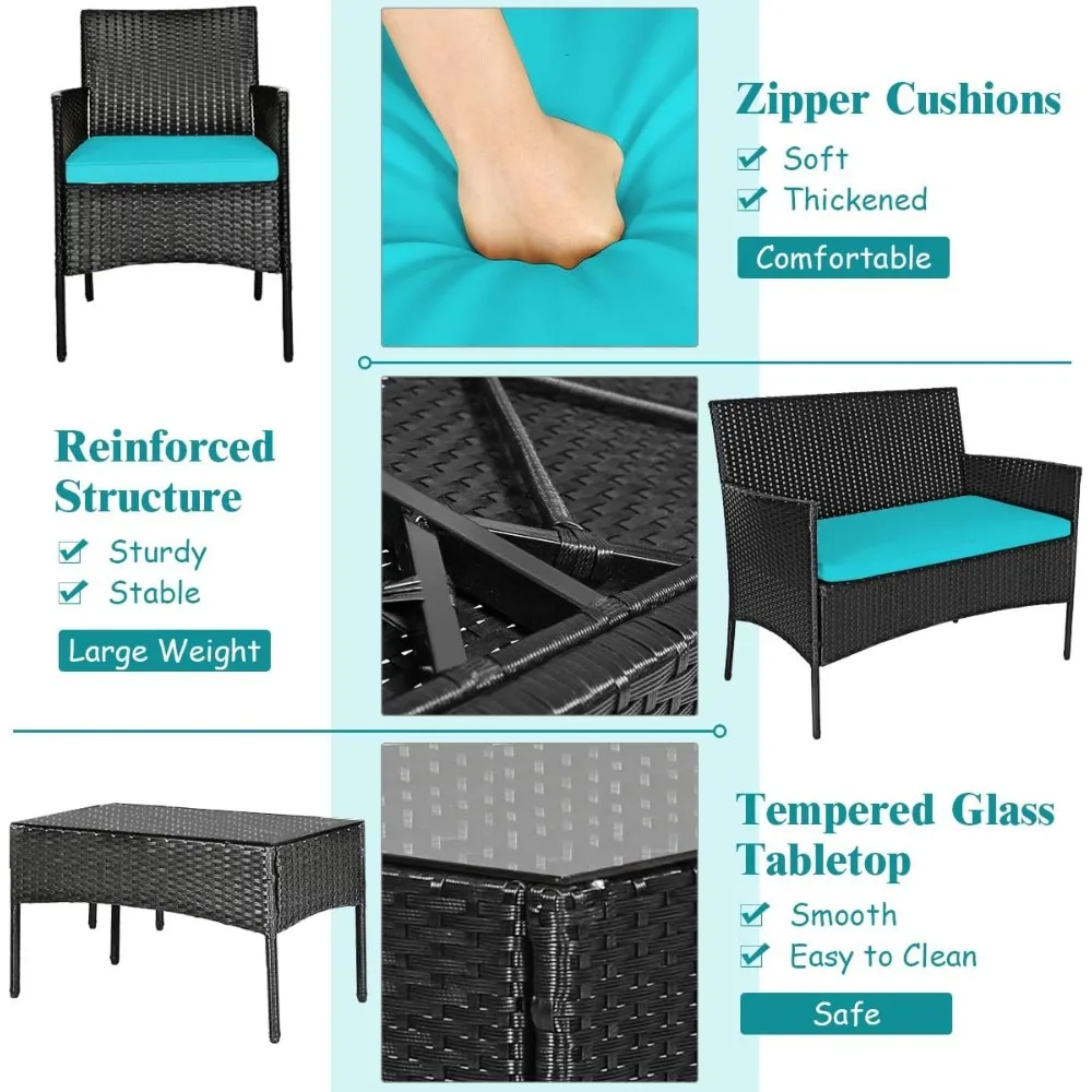 مجموعة أثاث الفناء مكونة من 4 قطع: مجموعة محادثة الروطان مع طاولة قهوة ووسائد، طقم أريكة من الخيزران للاستخدام الخارجي مثالي لحمامات السباحة