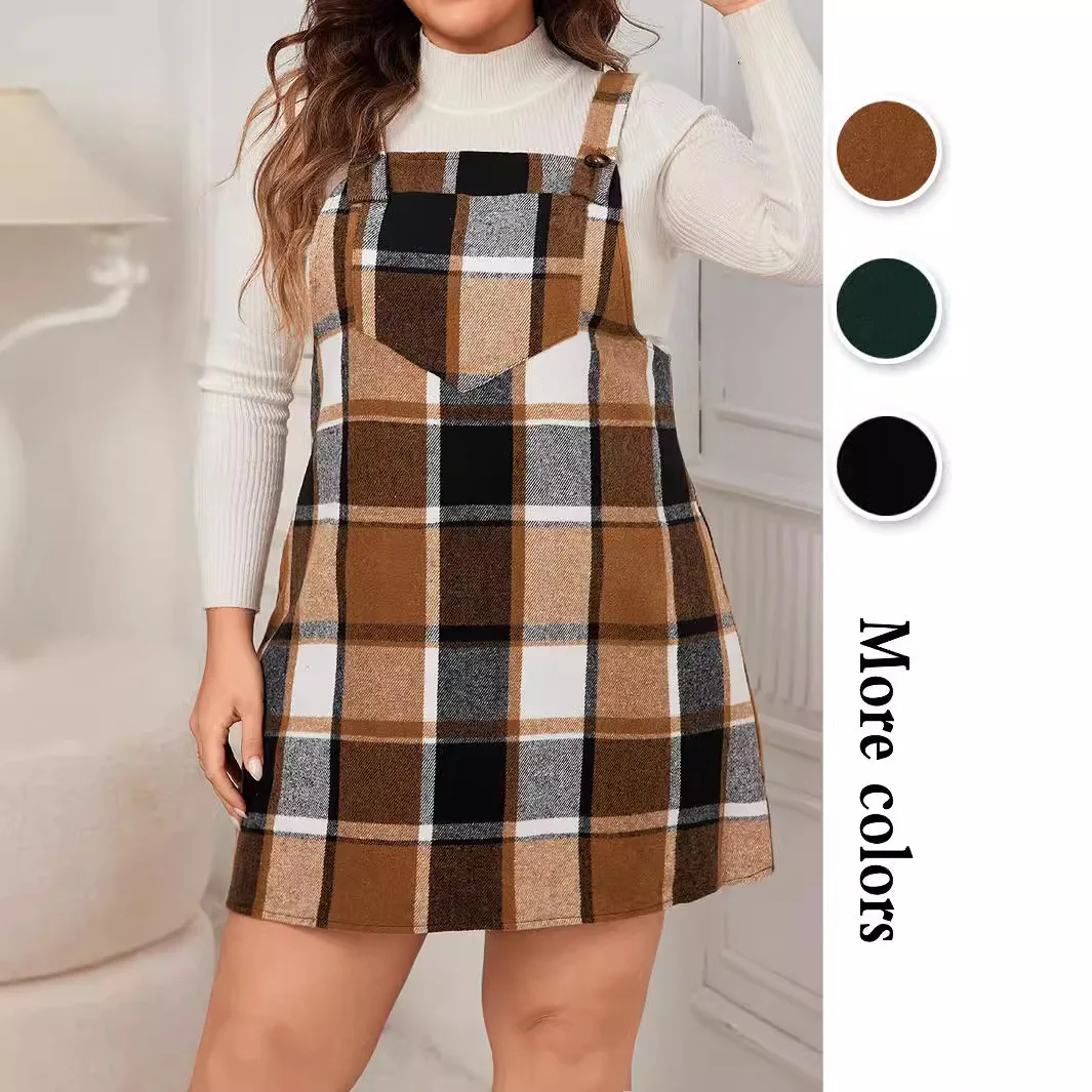 Plus Size Women's Clothing New Checkered Strap Skirt Fat MM Plus Loose Strap Dress Sleeveless Ladies Short Dress For Women 2025