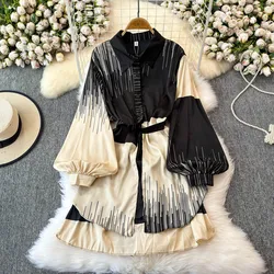 Vintage Lapel Neck Long Sleeve For Women's Shirt printing Mid-length Work Tops Spring Loose Fashion clothing trend 2024 New