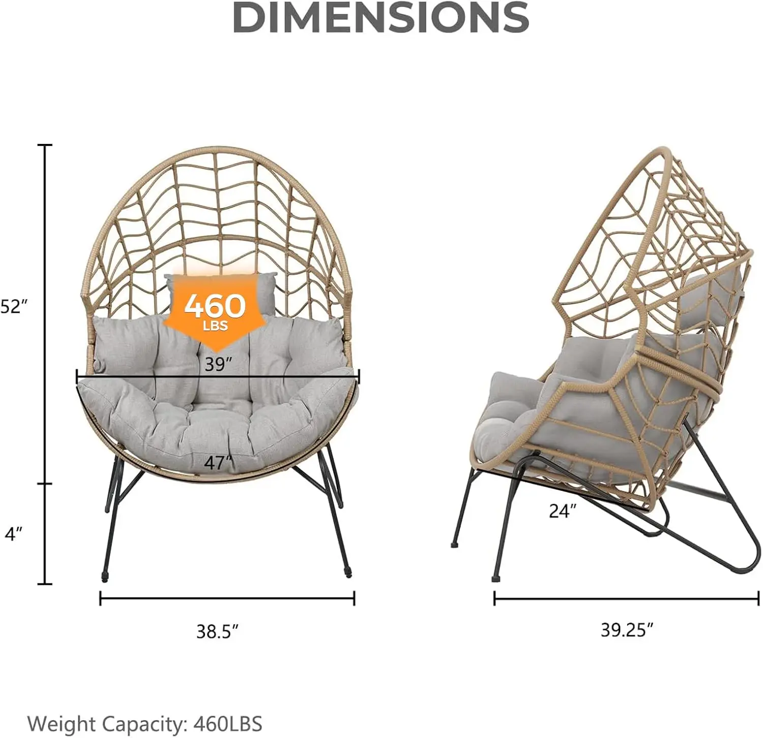 patio Boho Stationary Wicker Egg Chair, Outdoor Wicker Nordic Oversized Egg Chairs with Cushion Backyard Back Porch, Tan