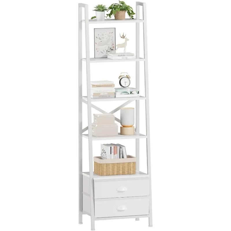 5-Tier Ladder Shelf with 2 Drawers,Narrow Bookshelf Storage Shelves,Industrial Bookcase Freestanding Rack Units for Bedroom