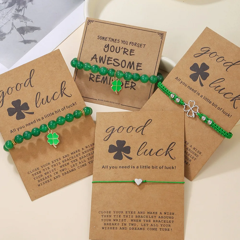 Green Jade Bracelet Four-Leaf Clover Female Heart Charm Lucky Bracelet Friendship Wish Bracelet for St. Patrick’s Day Jewelry
