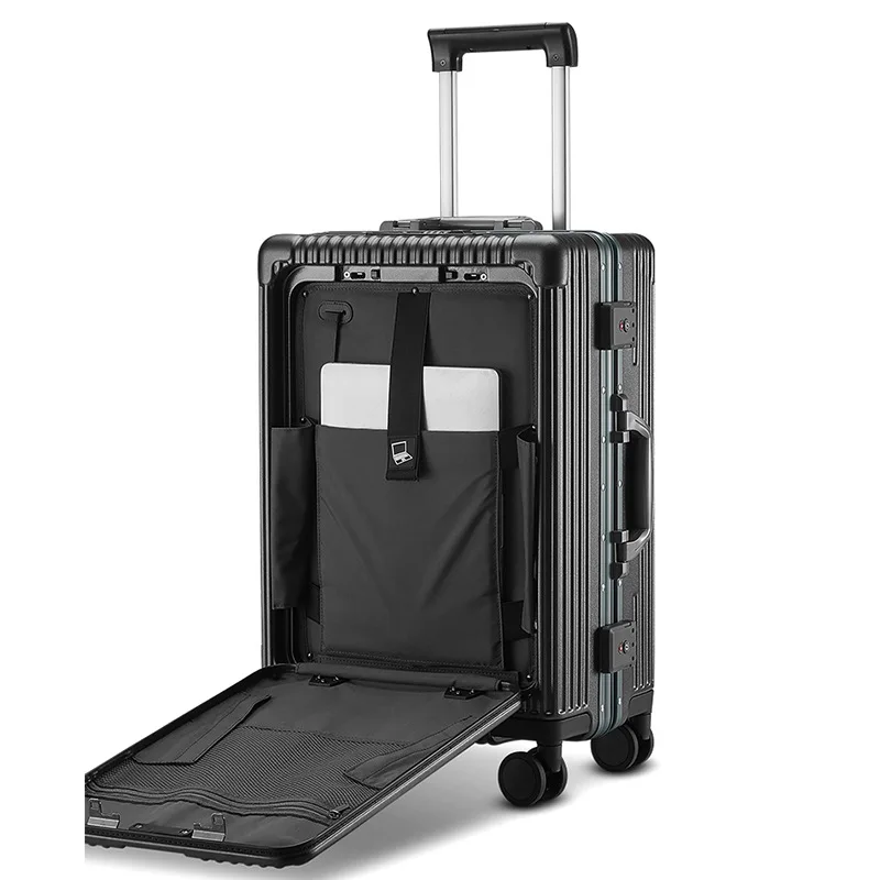 Multifuncional Alumínio Frame Mala, Frente Abertura Mala, Trolley Case, Carregamento Bagagem, Água Cup Holder, 18"