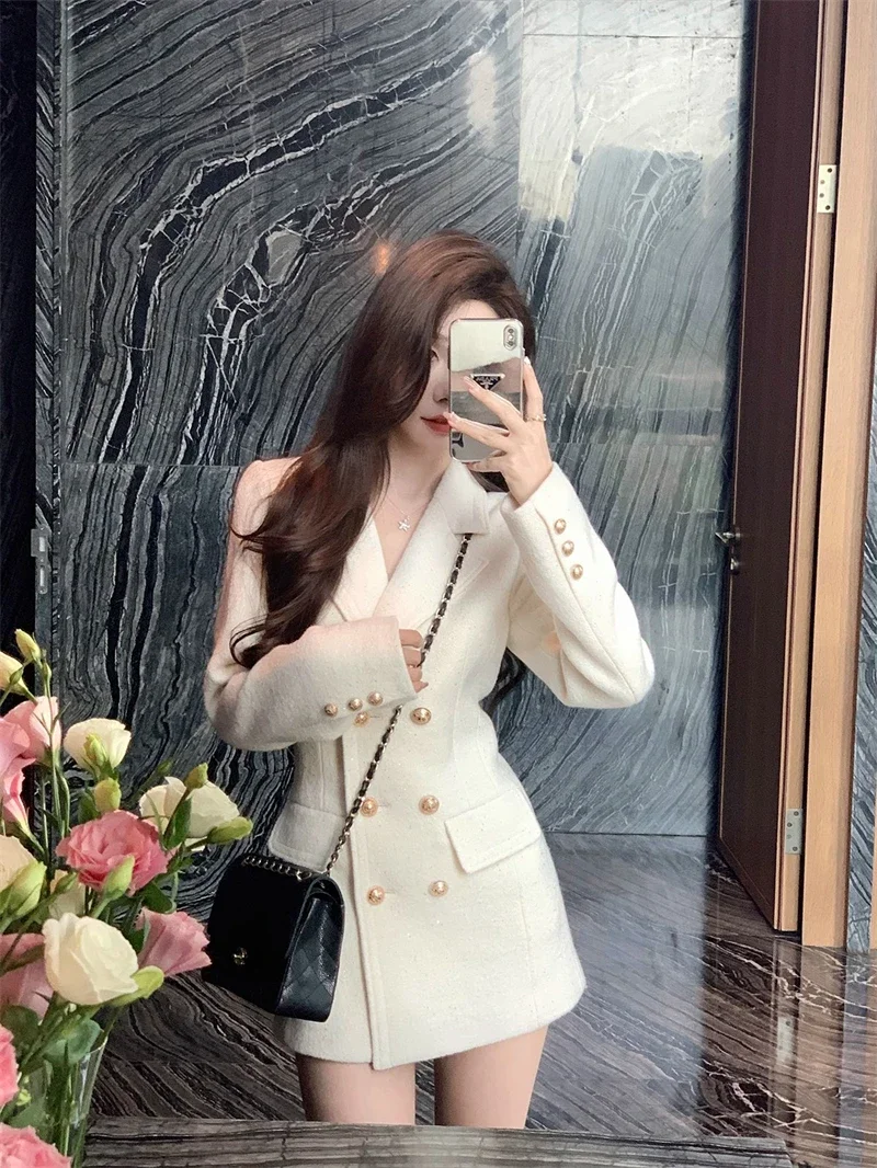 Elegant Women's Double-breasted Suit Jacket 2024 Autumn and Winter Waist Slim-fit Woolen Coat Mid-length Office Lady Suit Top