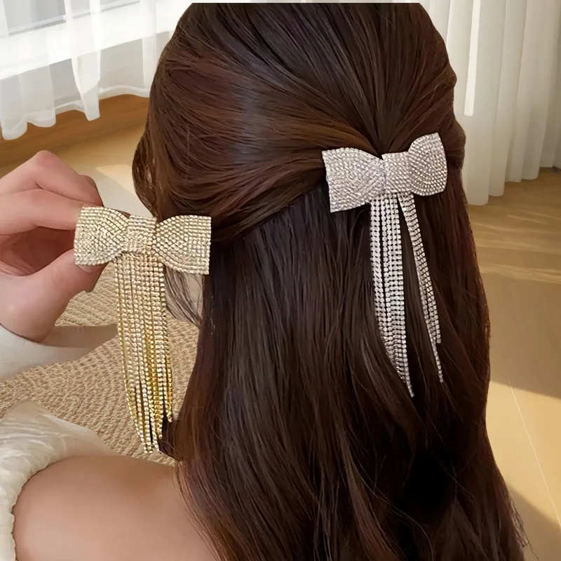 Jepit Rambut Pita Bertabur Batu Rhinestone Berkilau |   Jepit Rambut Rumbai |   Perhiasan Rambut Wanita untuk Pesta Malam dan Pernikahan