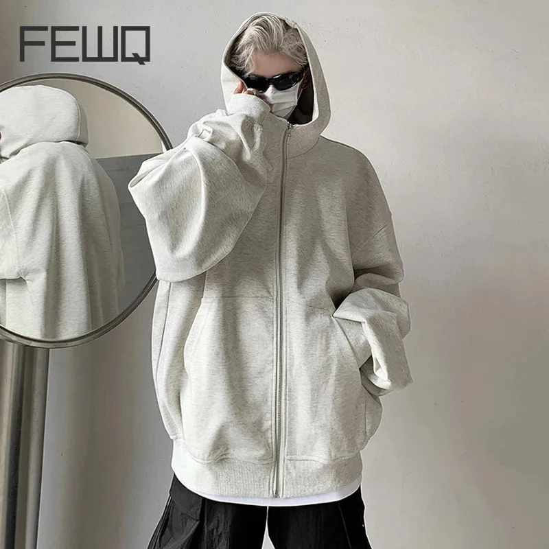 FEWQ Design Men's Hoodies Casual Double Zsippers Pockets Tops Long Sleeve Solid Color Male Sweatshirt Autumn 2024 9C6597