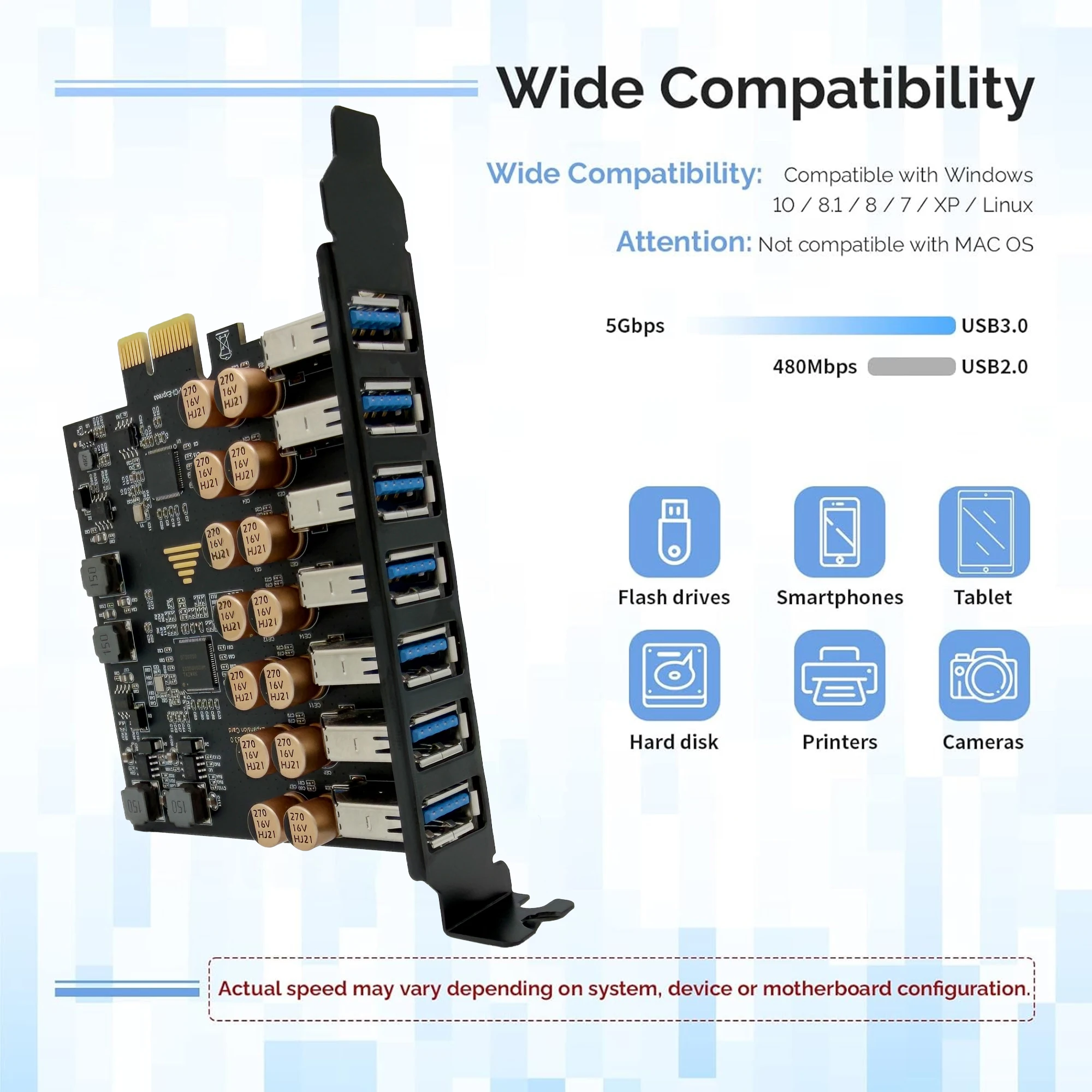 

USB3.2 Gen1 5Gbps USB3.0 PCI Express Multiplier PCI E to 7ports USB 3 Hub Expansion Adapter Card PCI-E 1X Controller for Desktop
