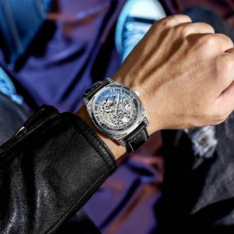 Genuine Goods in Stock Live Broadcast Cross-Border Men's Mechanical Watch Authentic Leather Hollow out Design Relief Carved Wate