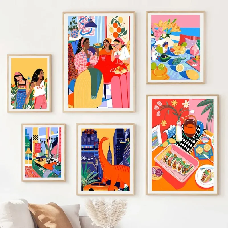 Japanese Cuisine Tacos  Sushi Wine Girls Club Wall Art Canvas Painting Nordic Posters and Prints Wall Pictures Living Room De