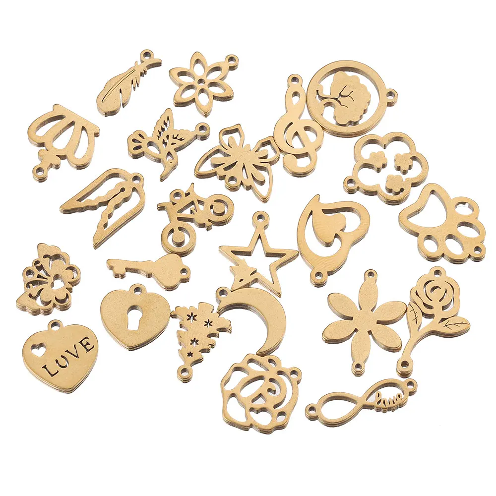 Breloques en acier inoxydable, 20 pièces/lot, mélange de bijoux exécutifs, couronne, plume, papillon, clé, petit cuir chevelu, connecteurs,
