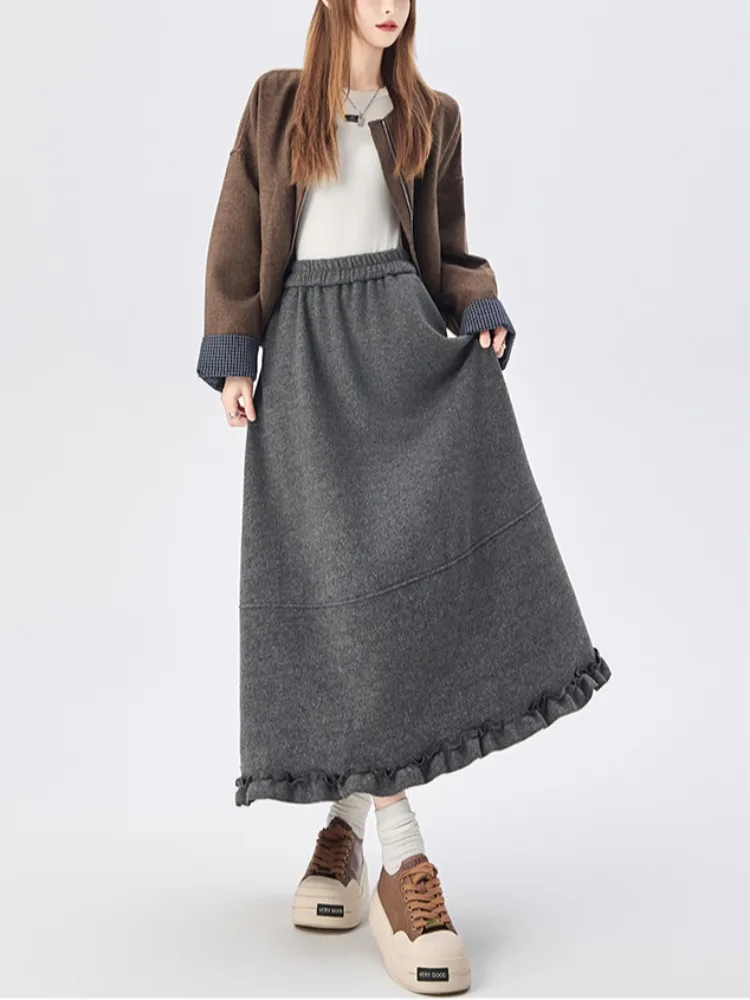 Sweet ey jupe en laine femme taille haute taille élastique décontracté Sle pétale singe jupe longue avec bois ain