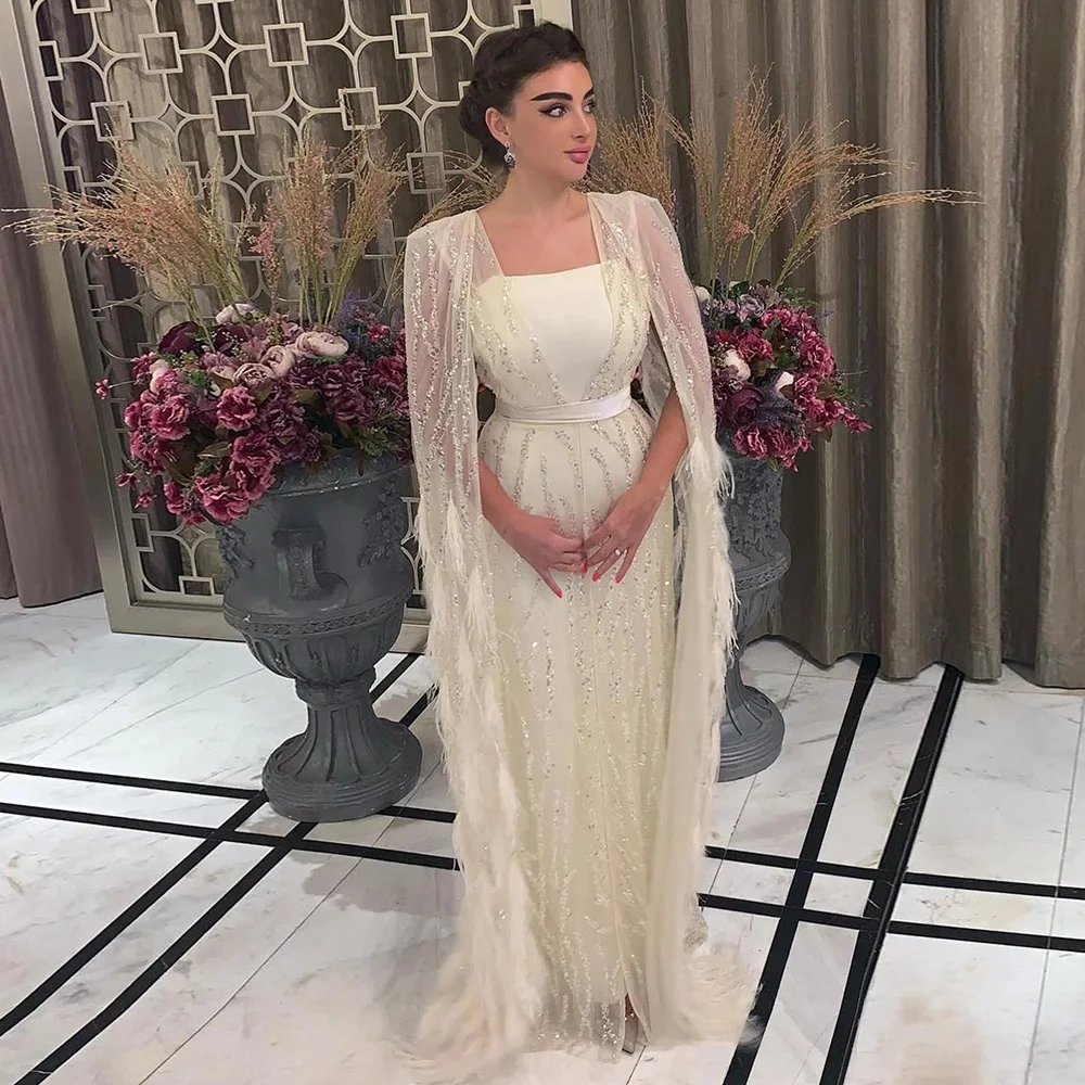 

Sharon Said Luxury Dubai Kaftan Feathers Yellow Evening Dresses Cape Sleeves Arabic Purple Wedding Party Gowns SS420 Customized