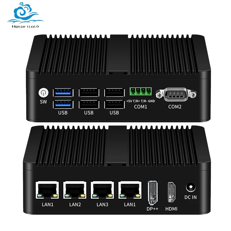 Helorpc 4LAN Industrial Mini PC with Intel 12th Gen N100 with 2xUSB3.0 4xUSB2.0 Support WIN10 LINUX WIFI BT RS232/485 Computer