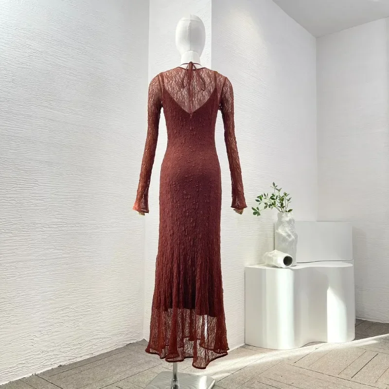 Women\'s Brown See Through Back Halter V Neck Knit Midi Dress, Elegant Summer Holiday Dress, High Quality Dresses, New Arrivals,