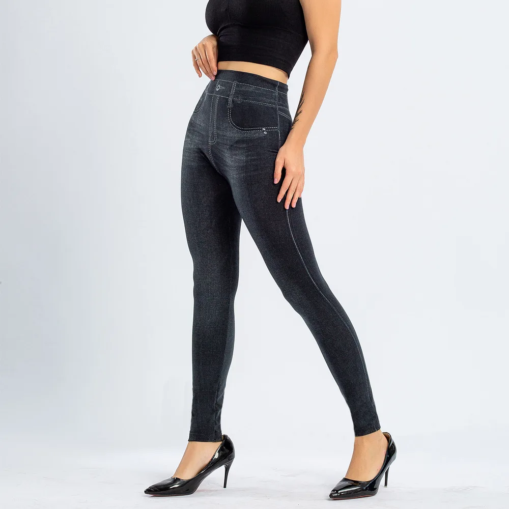 女性のセクシーなシームレスレギンス、ハイウエスト、暖かいイミテーションデニム、高弾性デニムタイトパンツ