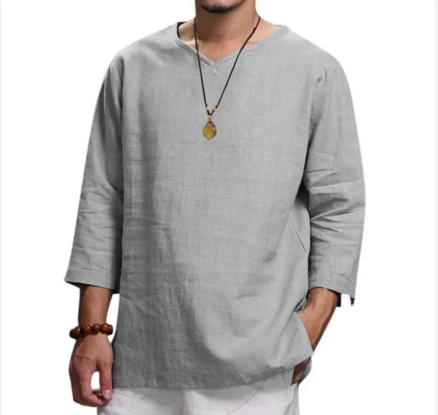 Men's Loose Casual Large Pullover Shirt New 34 Sve Fall Season Thickened Fleece Nine-Quarter Sleeve  Collar