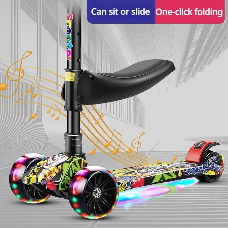 3 Wheeled Scooter with Wheel Lights for Kids 2-in-1 Sit/Stand Child Toddlers Toy Kick Scooters Flip-out Seat Adjustable Height