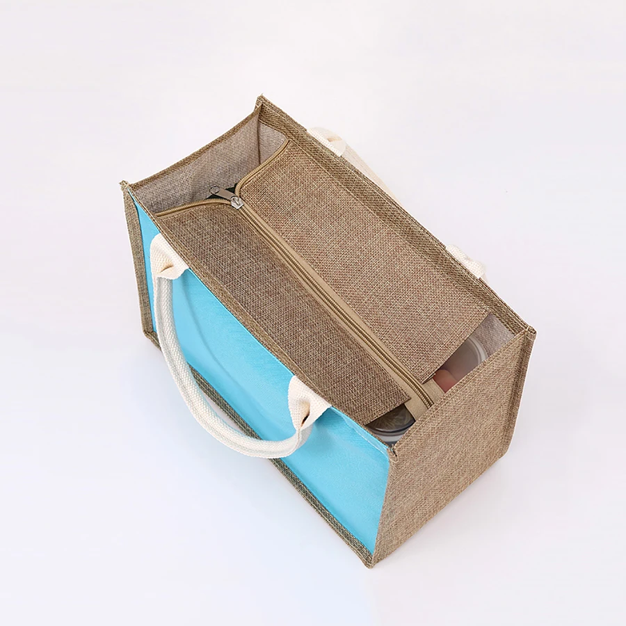 Linen Lunch Tote, Reusable Lunch Box Tote, Large-Capacity Portable Zipper Storage Bag, Tote for Office Workers, Students, Picnic
