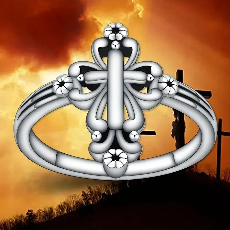 Huitan Religious Cross Finger Rings Women for Jesus Christ Antique Silver Color Simple Stylish Female Rings Jewelry Friend Gifts