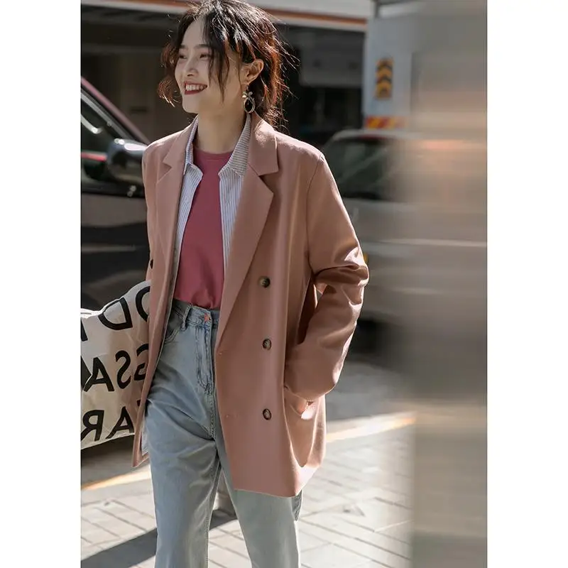 Damen Vintage zweireihiger Langarm Taschen blazer, koreanische Jacke, lässig, rosa, Street Fashion, 2024