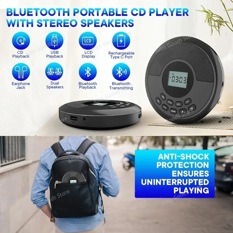 CD Player Bluetooth with Speaker Stereo and Headphones Rechargeable Discman Walkman USB MP3 Music U Disk Album Players