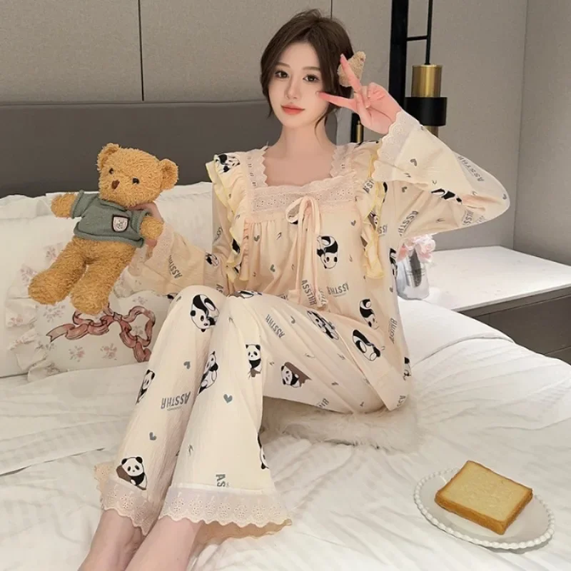 

Plus Size Spring Autumn Lounge Wear Woman Pajamas Korean Loose Sleepewear Bubble Cotton Long Sleeve Cute Cartoon Home Clothes