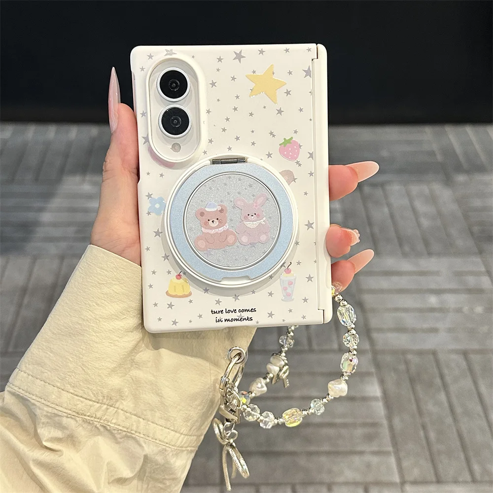 Kawaii Star Bear Bunny Case For Samsung Galaxy Z Fold 8 Cream White Sweet Cartoon Print Rotatable Mirror Stand Pearl Cover