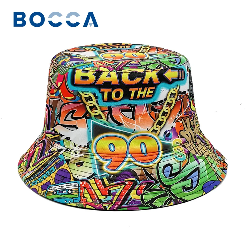 Bocca Disco Printing Bucket Hat 90s Vintage Pattern Fisherman Hats Double Sides Panama Cap Graffiti Summer Sunscreen New Style