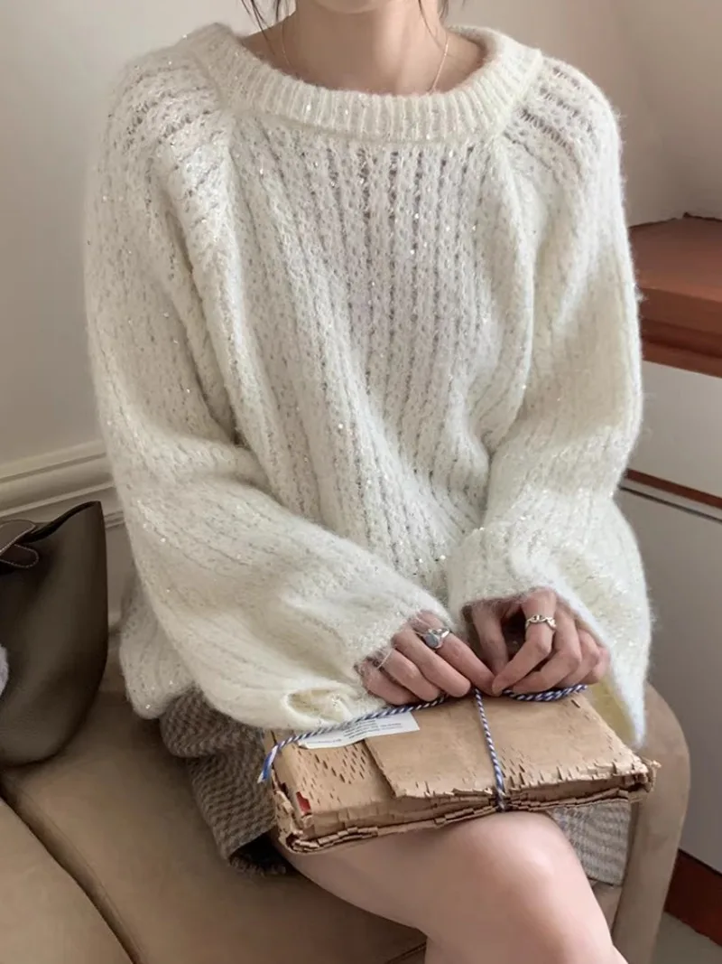 Back Hollow Out Bandage Bow 2024 Woman Sweater Loose Outerwears Knitted Ropa Mujer Autumn Winter Pullovers Sequined Sueter