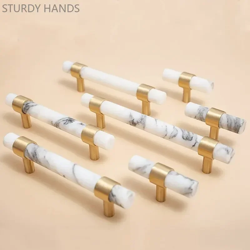 1Pcs Natural Marble Brass Handle Light Luxury Wardrobe Cabinet Door Handles Dresser Drawer Knobs Furniture Hardware Supplies
