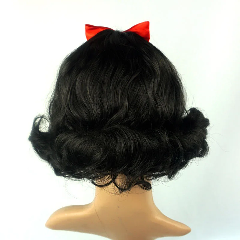 Cute Girls Snow White Dress Up Wig Girls Princess Cosplay Short Hair Black Curly Hair Wig with Red Bow Kids Role Play Props