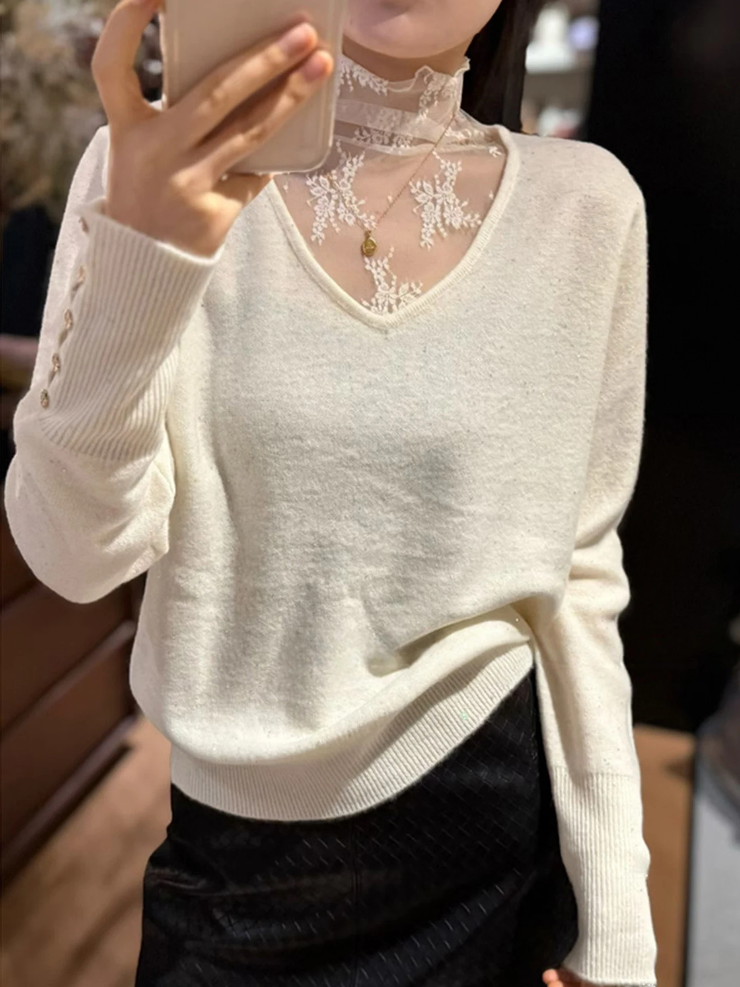 Automne hiver longue Sve dentelle brodée épissure tricoté Base irt Faionable haut amincissant coréen Sle coupe droite