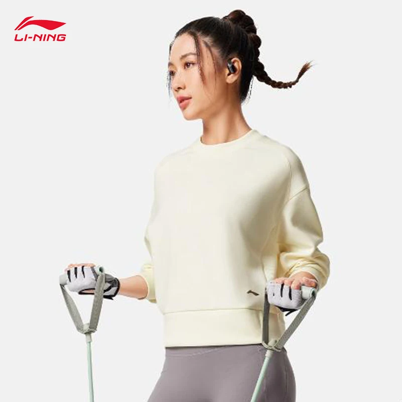 

LI-NING женская фитнес-серия с круглым вырезом, свободная толстовка с капюшоном из модальной ткани, топ с длинными рукавами AWDV508