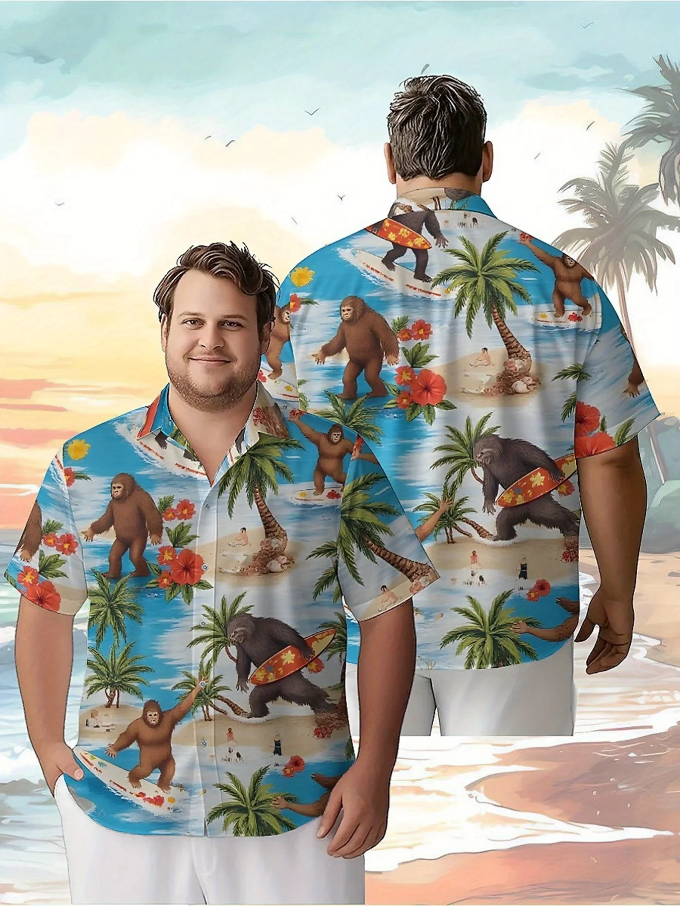 Men's Plus Size Hawaiian Shirts Gorilla Surfing Pattern,Premium Comfort Youth Clothes,Y2K Tops