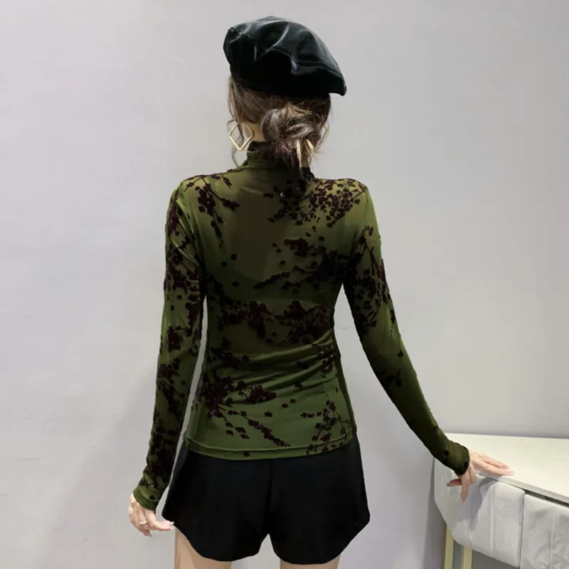 #8436 Khaki Green Basic Mesh T Shirt Women Casual Vintage Printed T Shirt Femme Sexy Thin Tight  See Through Women\'s T-shirt 3XL