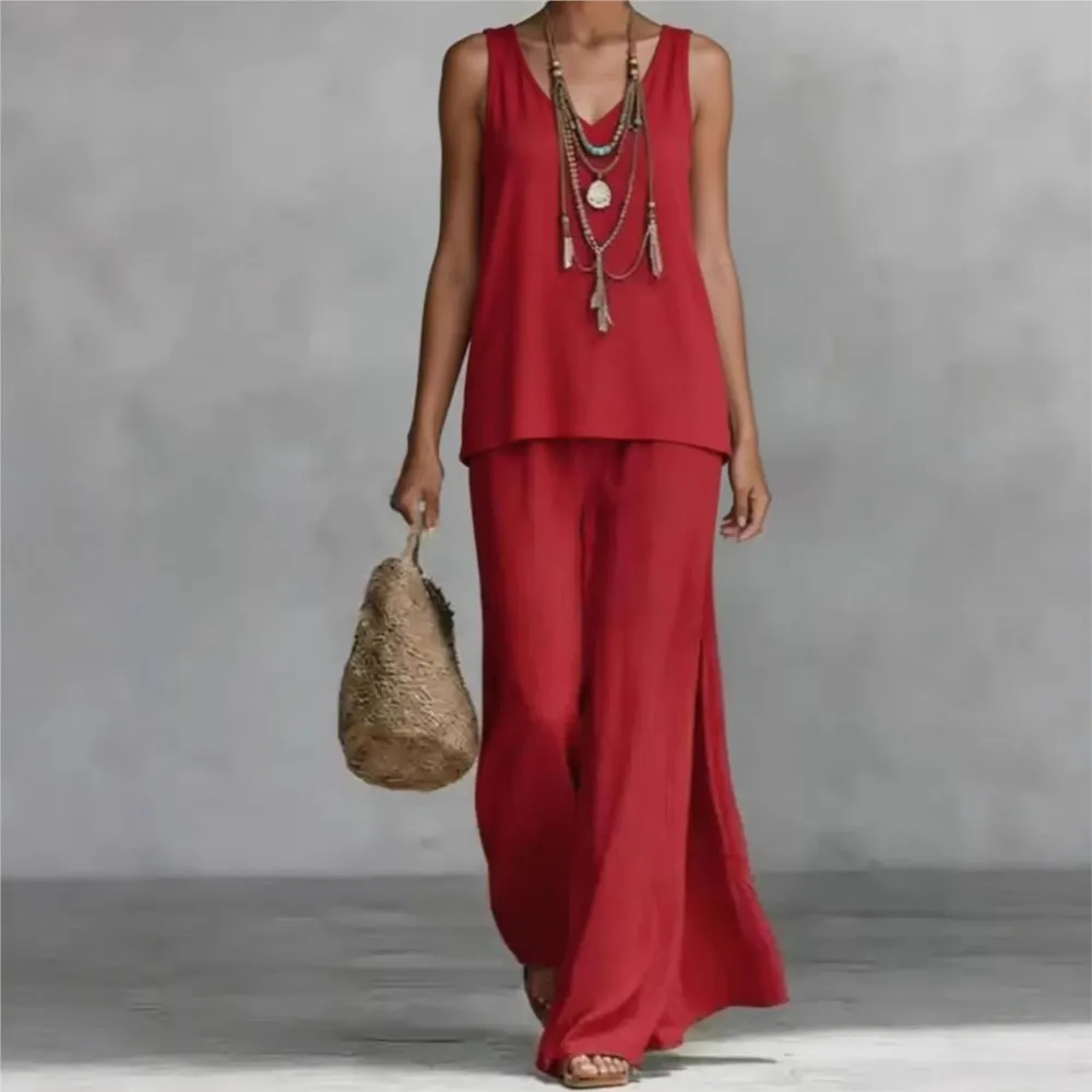 

2026 Casual V-neck Sleeveless Women Loose Trousers 2-piece Set Summer Simple Fashion Wide-leg Trousers Female Office 2-piece Set