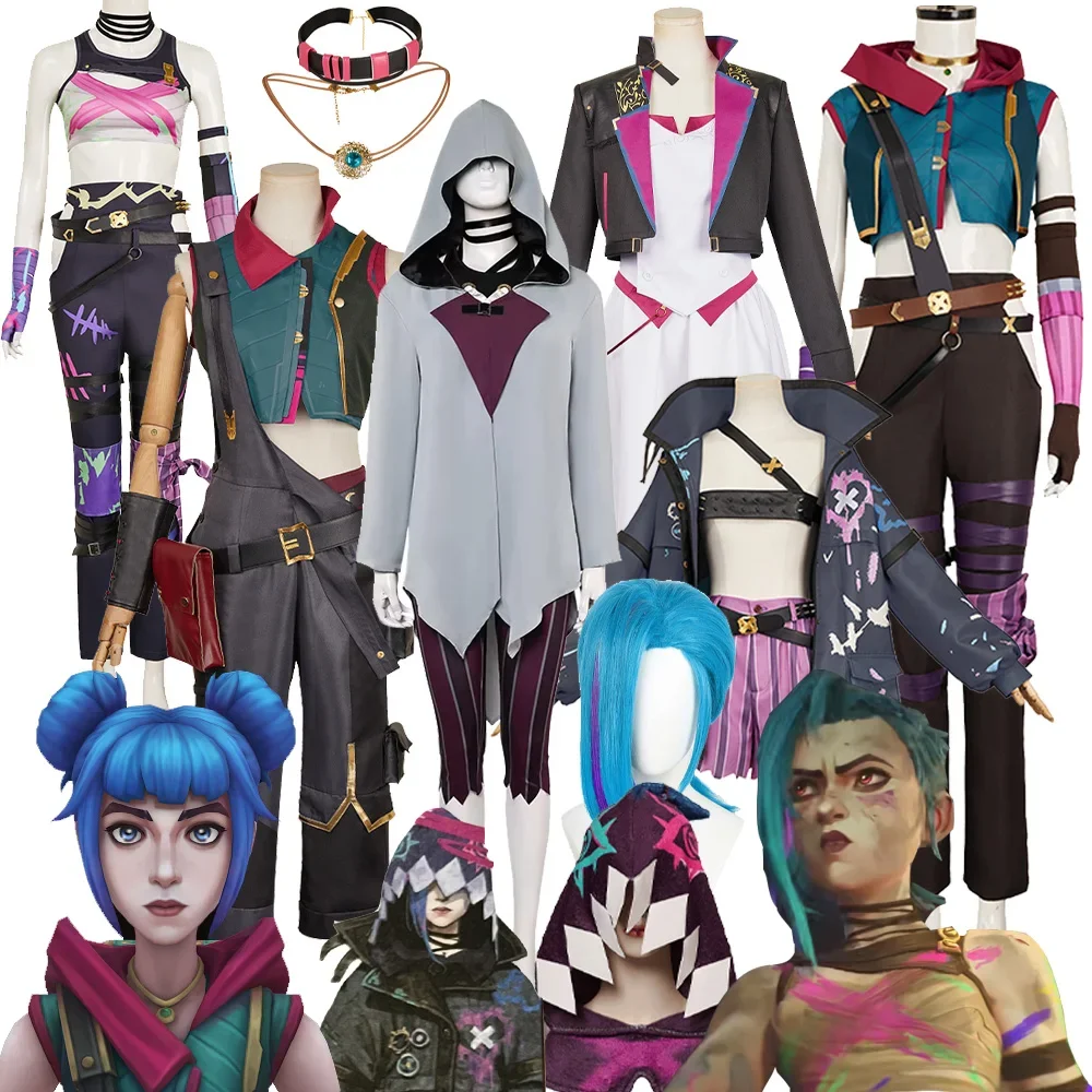 Cosplay Jinx Cosplay Vest Pants Hat Wig Necklace Game Acrane Costume Women Cloak Boots Adult Halloween Carnival Party Disguise S