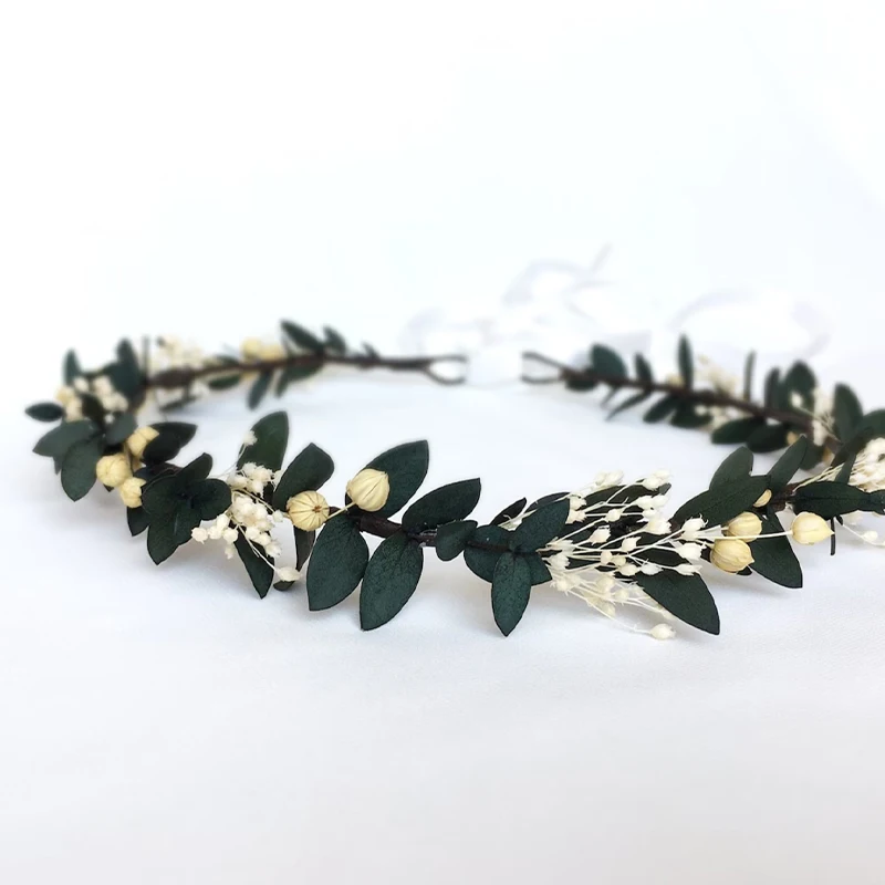 Handmade Eucalyptus Baby\'s Breath Bride Crown Woodland wedding Gypsophila Dried Flower Crown Bridesmaid Flower Girl Decoration